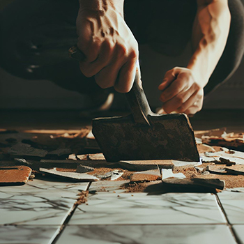 Man shattering old floor tiles for easy removal
